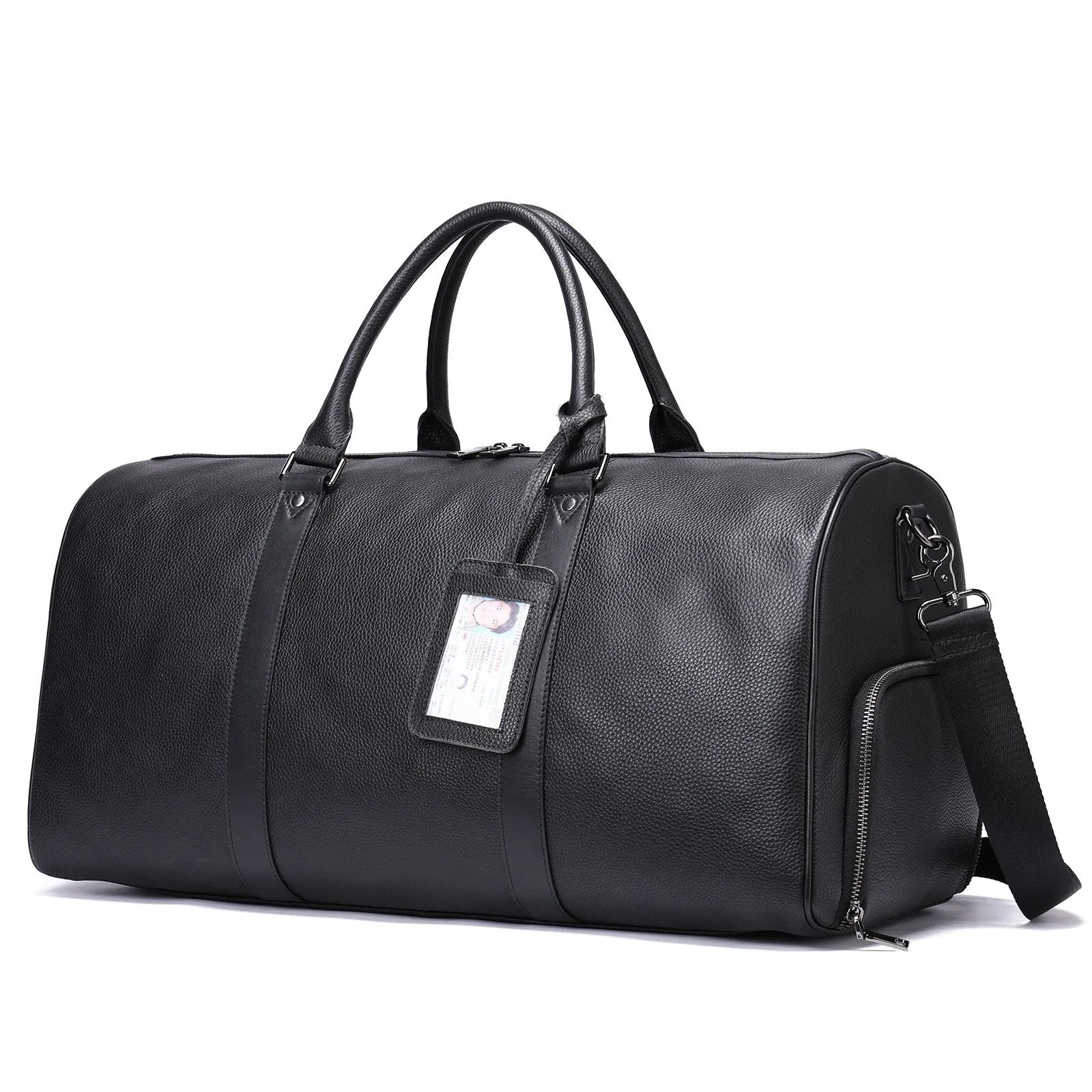 Men's leather excursion bag in black or coffee, 44cm or 55cm length, with single strap and plain design