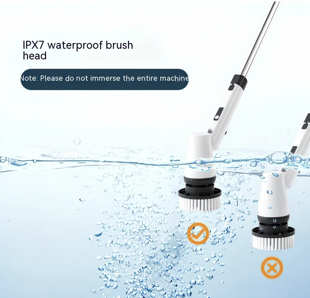 White 7-in-1 wireless electric cleaning brush with retractable 120cm handle and seven attachments for bathroom, floor, and car use