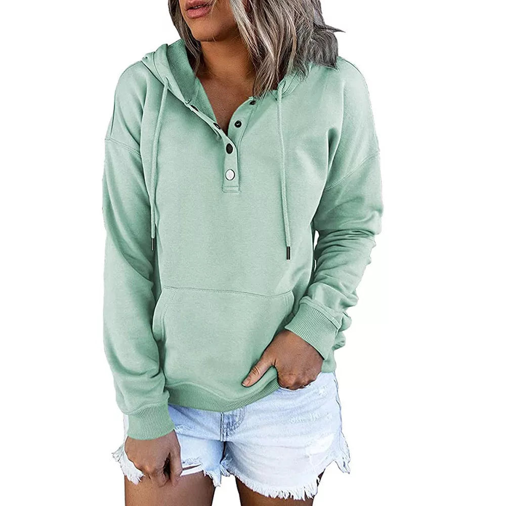Women's long-sleeved hooded sweatshirt with pockets in various colors