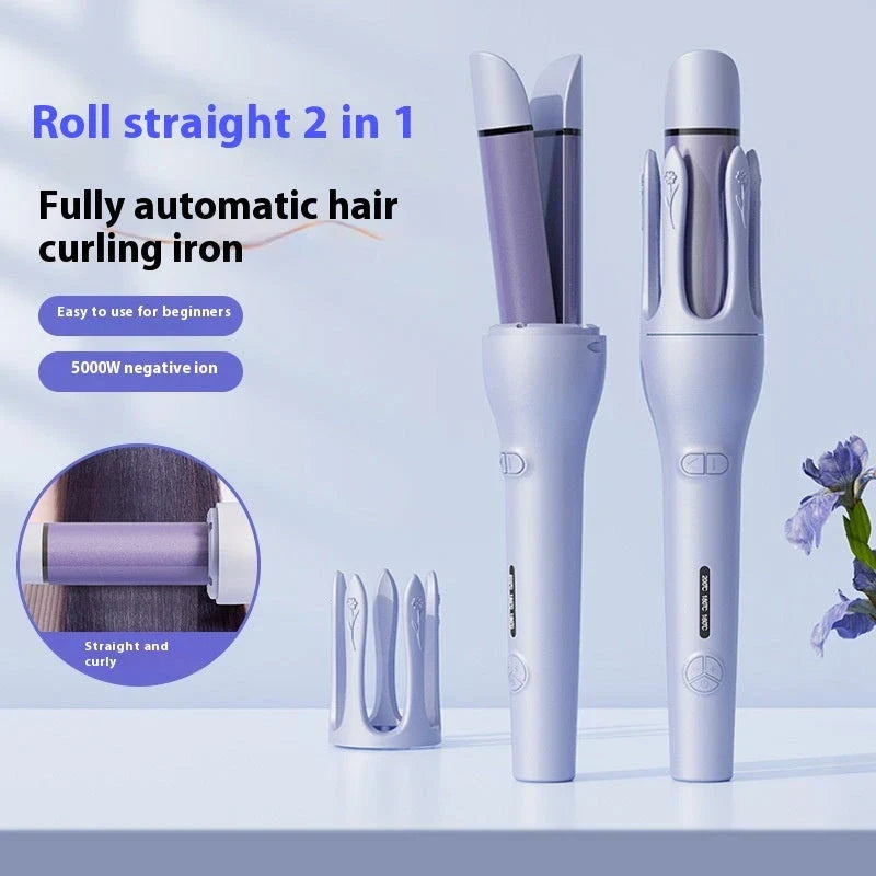 Automatic dual-function hair curler and straightener with left and right rotating barrels, adjustable temperature settings, and safety features for salon-quality styles at home