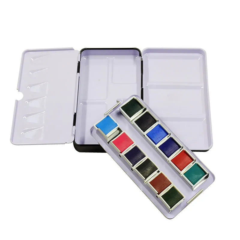 Tinplate solid watercolour paint box in square shape with folding lid, shown in three size options.