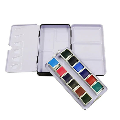 Tinplate solid watercolour paint box in square shape with folding lid, shown in three size options.