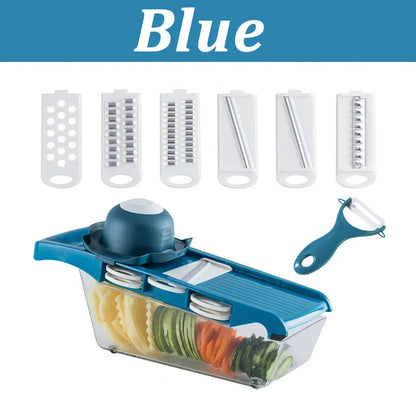 Multifunctional vegetable cutter with seven stainless steel blades on a food-grade plastic body.