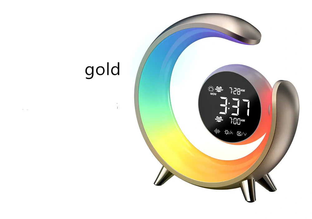 White noise dual alarm clock with heart shape, RGB display, and touch controls measuring 220x65x225mm
