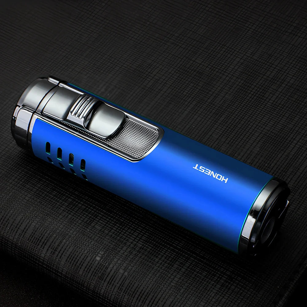 Zinc alloy cylindrical cigar lighter with four-straight flame design in choice of five colours