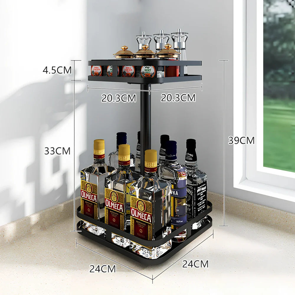 Stainless steel rotating spice rack with two tiers holding 12 bottles on kitchen countertop