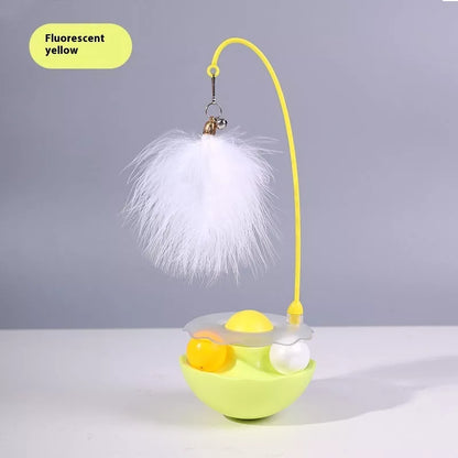Interactive cat toy with catnip, feather wand, and spinning balls in white, indigo, fluorescent yellow, and pink