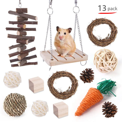 Assortment of wooden and natural fibre chew toys for small pets including balls, rings and woven shapes.