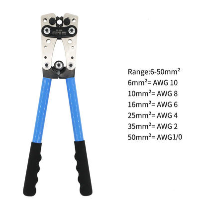 HX-50B crimping pliers with aluminium handle and integrated cable cutter for electrical terminal connections