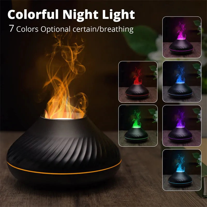 Beige volcanic flame aroma diffuser with LED lighting and mist output on wooden surface