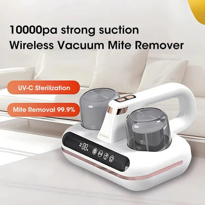 Cordless mattress vacuum cleaner with powerful suction, UV sterilization, and lightweight design for deep cleaning bedding and eliminating dust mites and allergens.