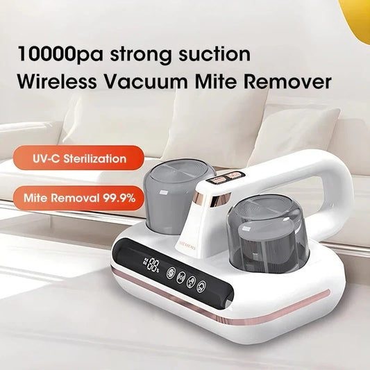 Cordless mattress vacuum cleaner with powerful suction, UV sterilization, and lightweight design for deep cleaning bedding and eliminating dust mites and allergens.