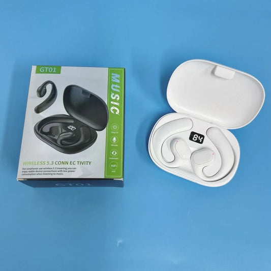 Black ear-mounted Bluetooth headset showing digital display screen and ear hook design