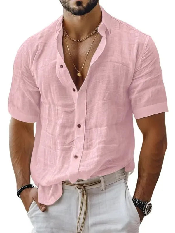 Men's short sleeve lapel shirt in cotton linen blend available in multiple solid colours