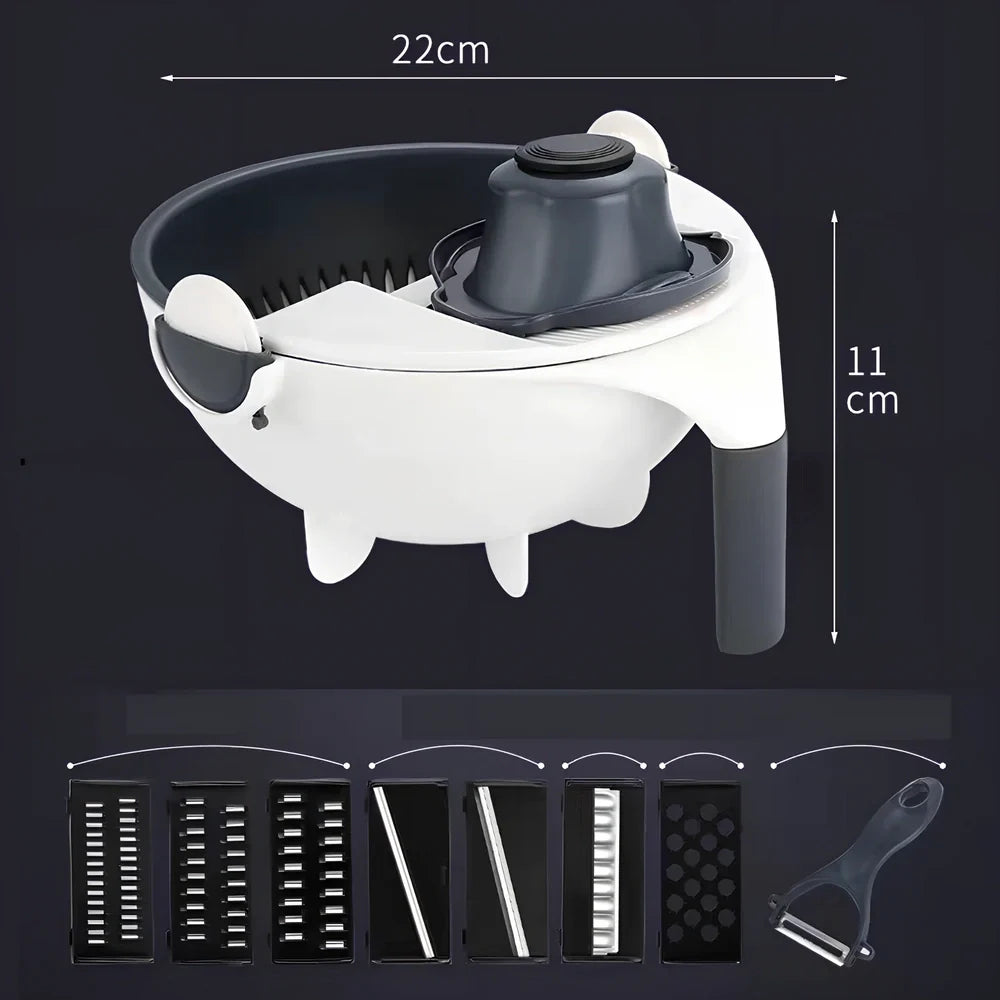 Hand-crank vegetable cutter with three stainless steel blades and fresh-keeping container, grey colour, 28.8cm length