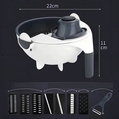 Hand-crank vegetable cutter with three stainless steel blades and fresh-keeping container, grey colour, 28.8cm length