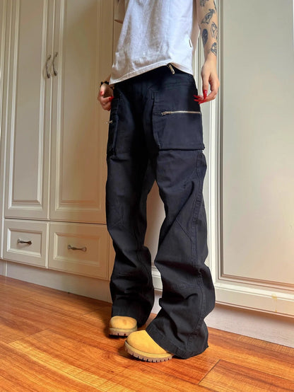 Double zipper workwear casual pants in green cotton fabric with pocket and elastic waist