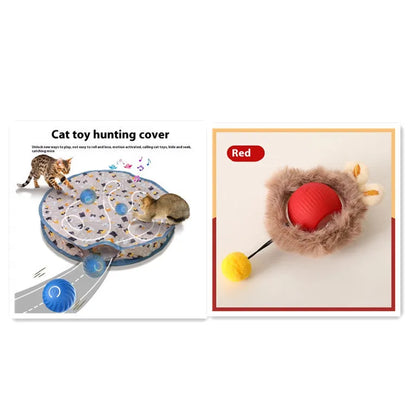 Plush silicone rolling ball cat toy in red, green, and grey colour options for feline self-play entertainment