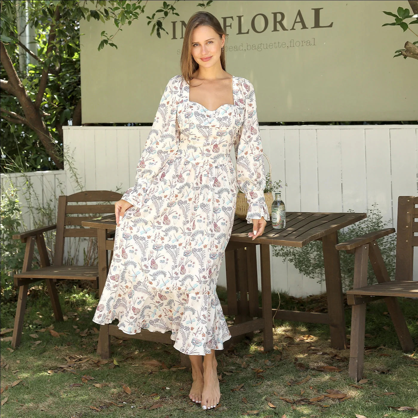 Women's Floral Square Neck Long Sleeve Dress for elegant and comfortable wear
