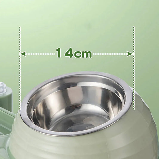 Brown elevated cat feeder with separate food bowl and automatic water dispenser bottle.