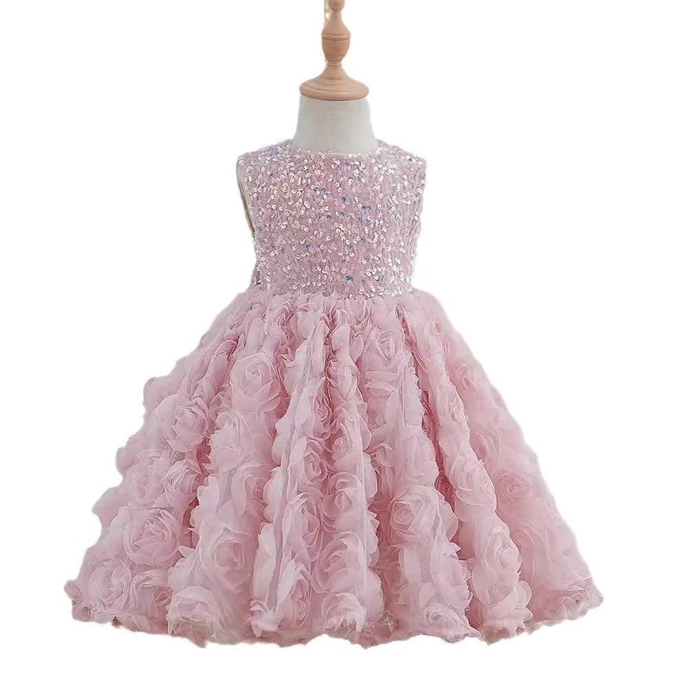 Pink girls pettiskirt with sequins and three-dimensional flowers, sleeveless design for heights 80-160cm