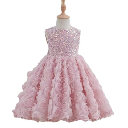 Pink girls pettiskirt with sequins and three-dimensional flowers, sleeveless design for heights 80-160cm