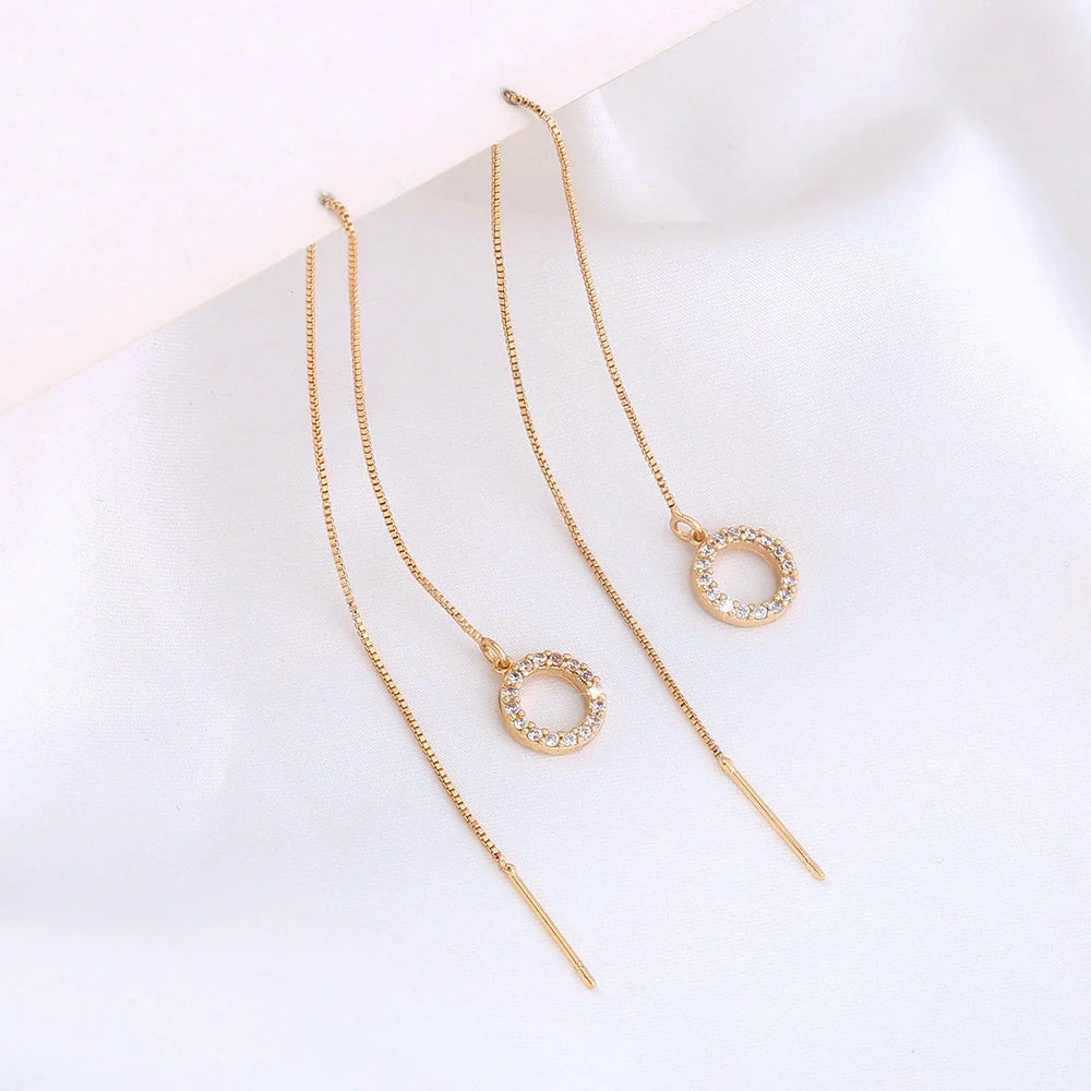 Gold Circle Long Tassel Ear Wire with sparkling zircon accents