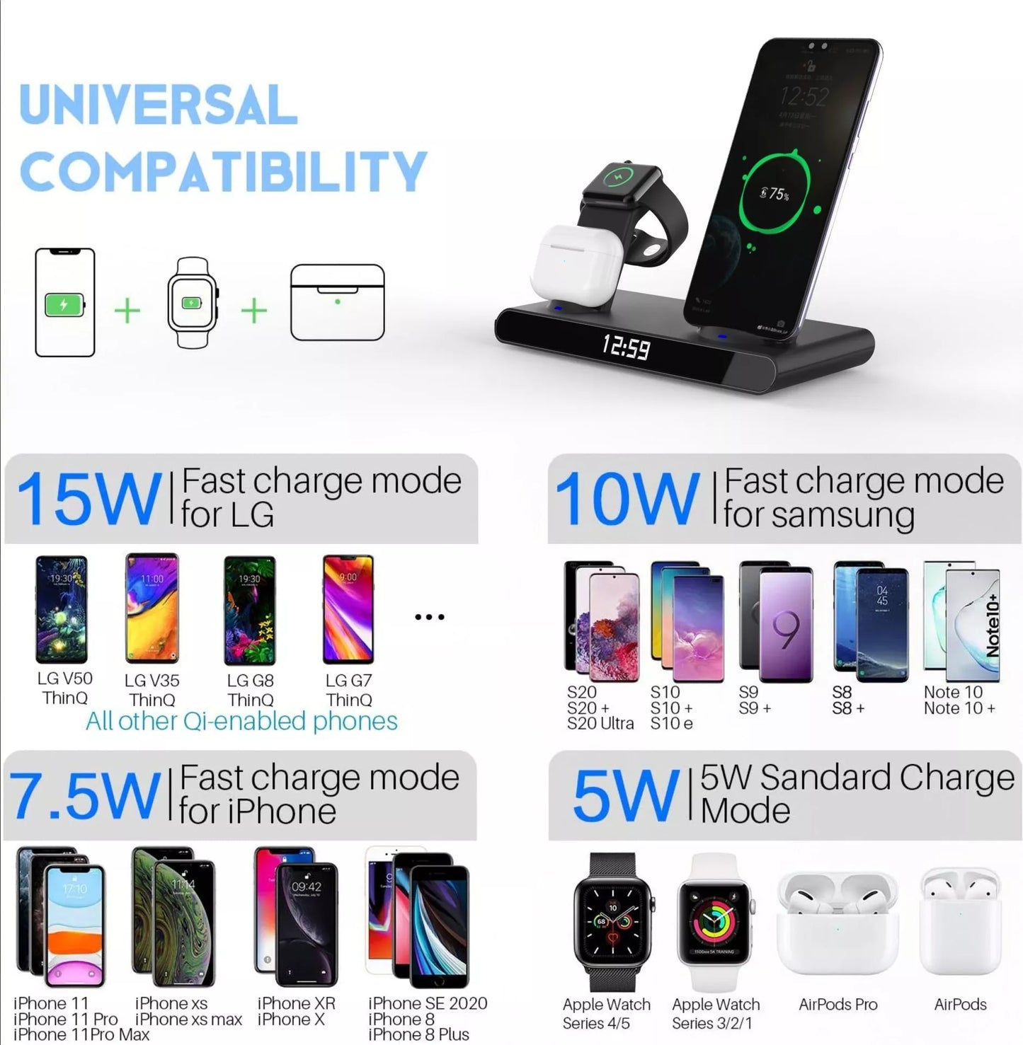 Clock 15W 3-in-1 Wireless Charger in black and white, compatible with Qi-enabled devices