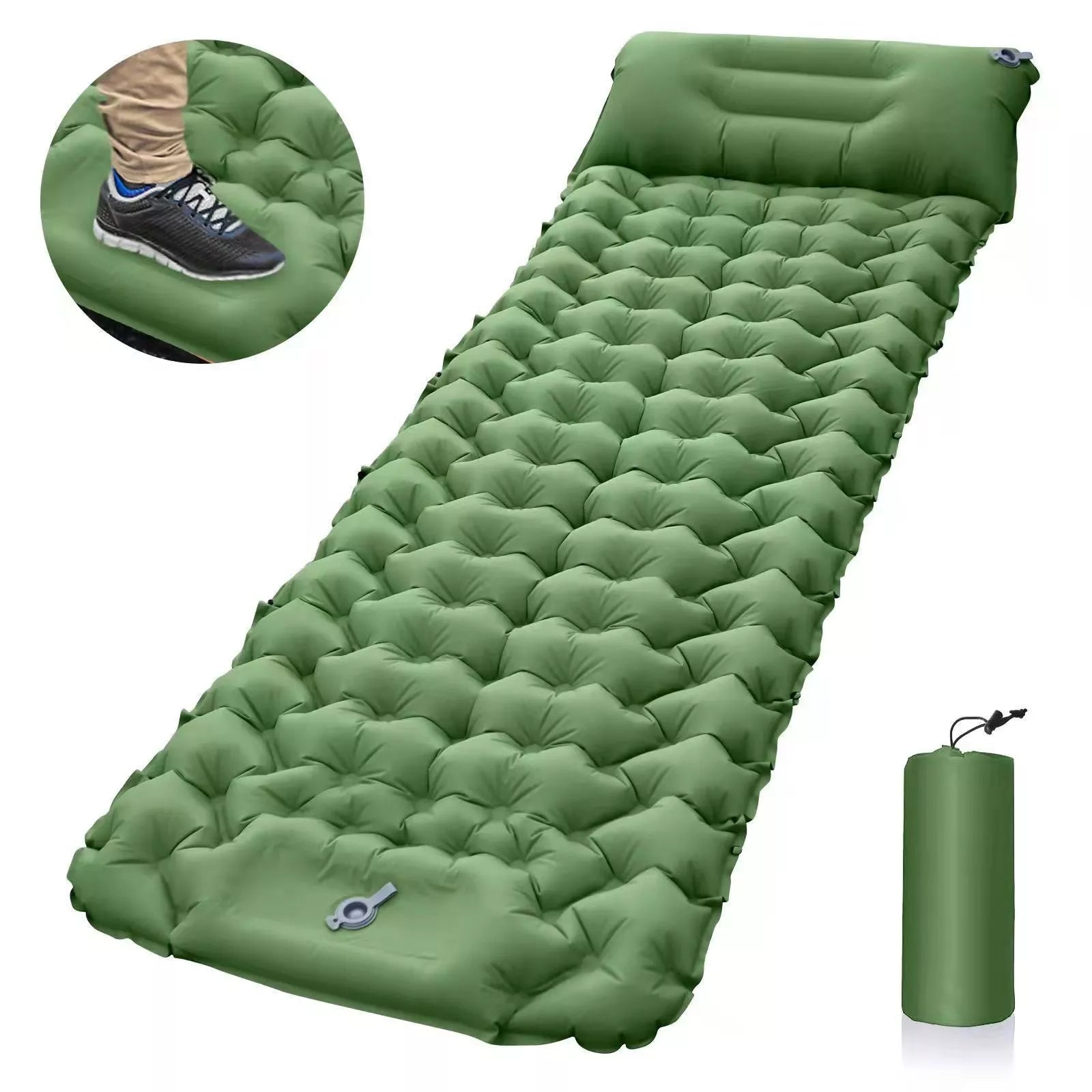Portable inflatable camping cushion with built-in foot pump in various colors