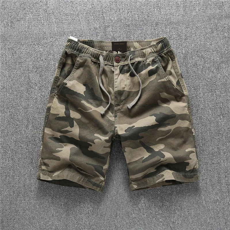Cotton camouflage summer shorts with zip placket in multiple colour patterns including army green and sand camouflage