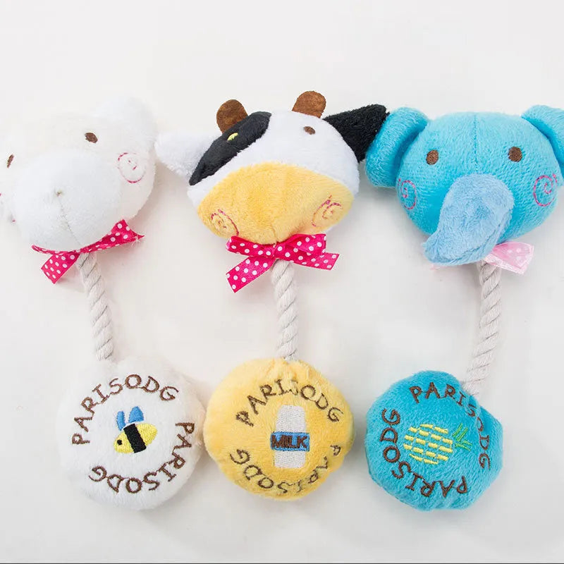 Plush dog toy with rope and sound in frog, elephant, cow, or bear designs