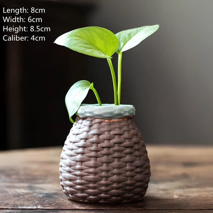 New Chinese style ceramic desktop flowerpot in bamboo fish basket motif, 10-15cm tall for indoor plants