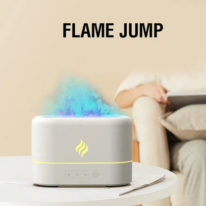 Black or white USB humidifier with seven-colour flame effect light and water tank.