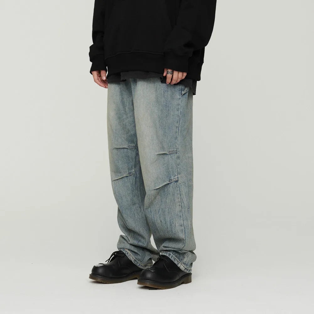 Light wash grey baggy oversized pleated denim jeans, 100% cotton, distressed washed blue, straight leg, sizes L M