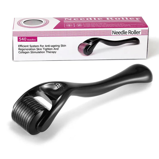 Black derma roller with titanium microneedles for facial skin and hair treatment, showing needle close-up