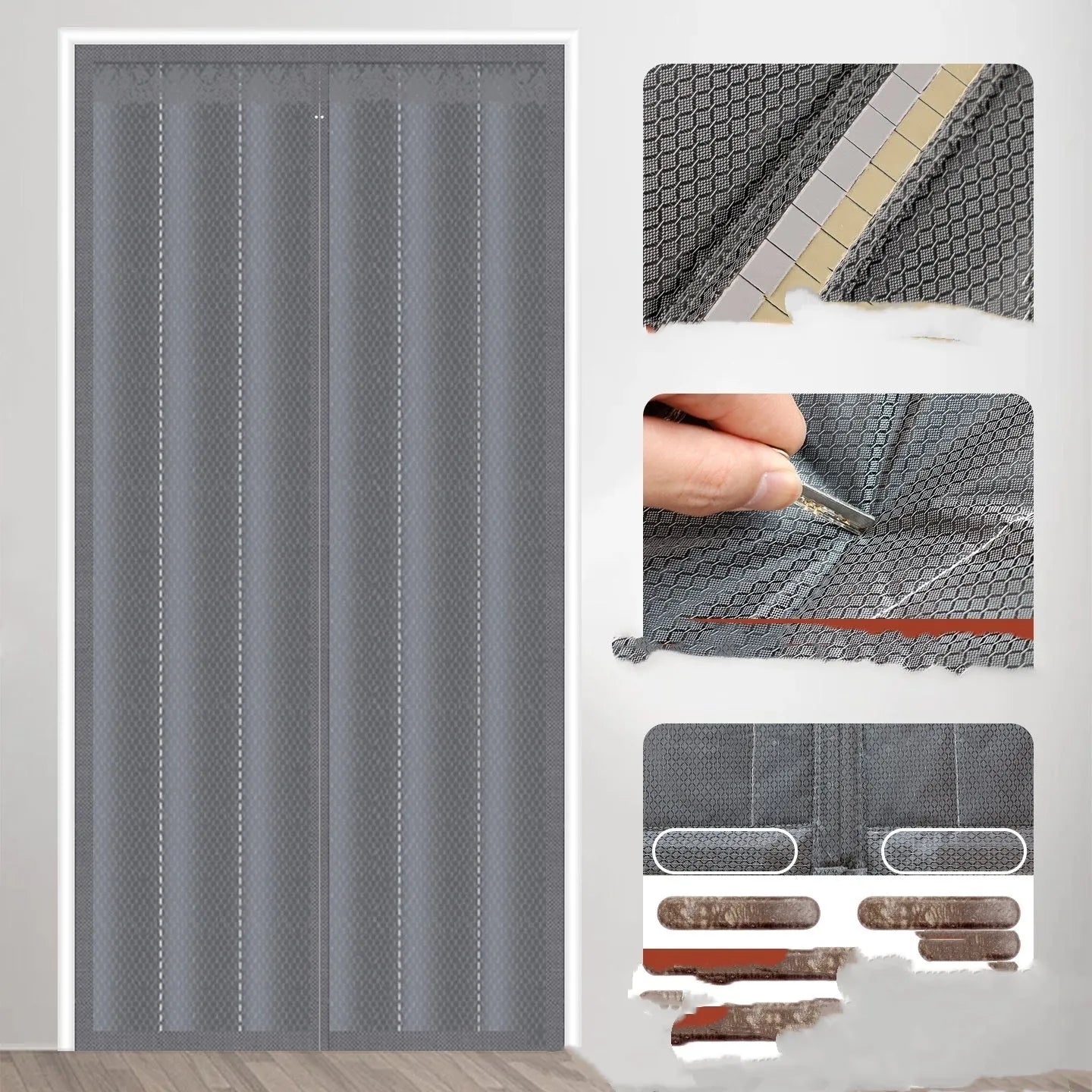 New Chinese style magnetic strip door curtain with vertical stripes in Oxford cloth coffee colour, showing full seam edges and integrated magnetic closure