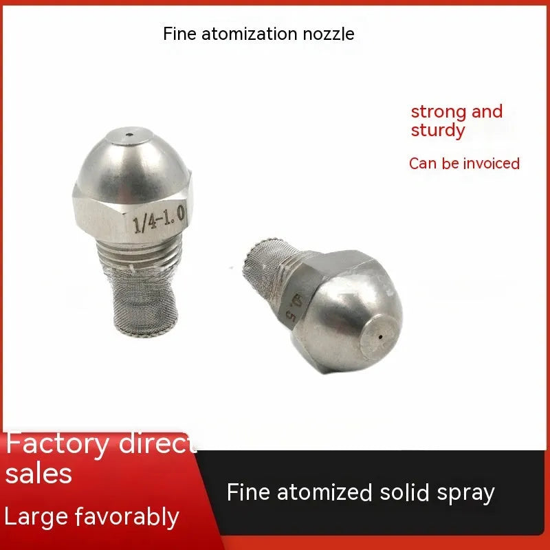 304 stainless steel high and low pressure atomising nozzle with external thread and filter.