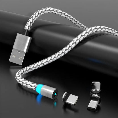 Magnetic data cable with breathing light indicator in multiple colours, showing Apple, Android and USB-C magnetic head options
