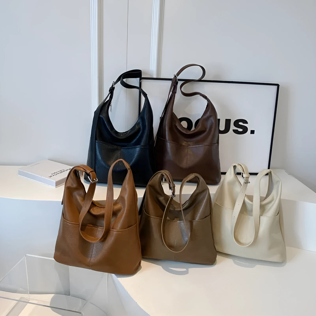 Women's soft PVC bucket shoulder bag with single strap, open pocket, phone pocket, and matching wallet
