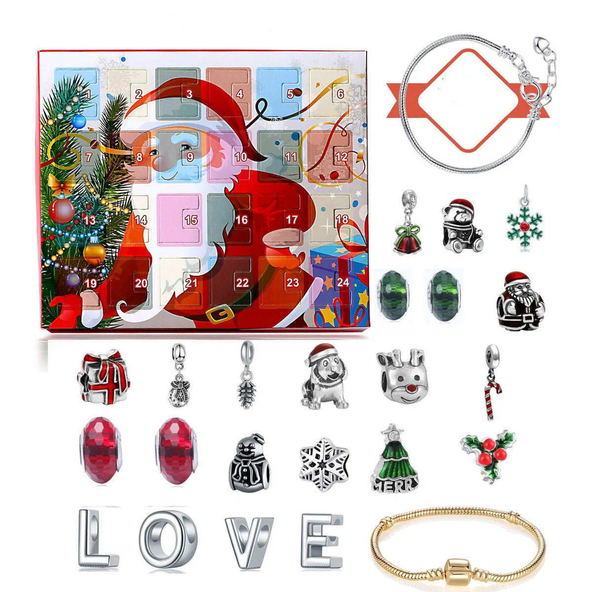 Beaded Blind Box Christmas Bracelet Gift Set with Santa Pattern and alloy construction