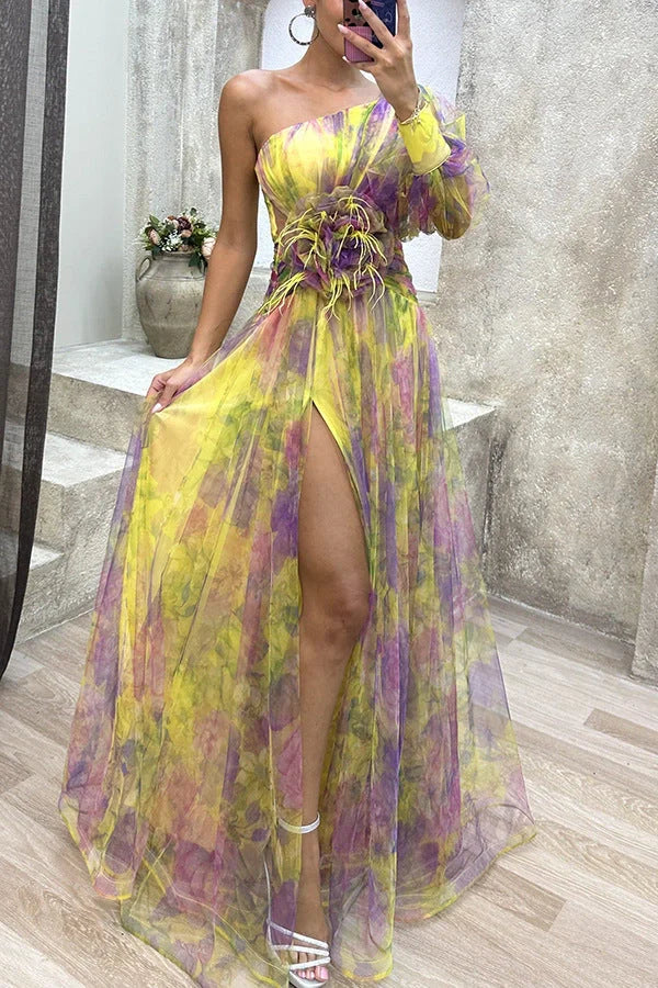Mesh Tie-dye Printed Off-shoulder Slit Dress in vibrant colors for summer fashion