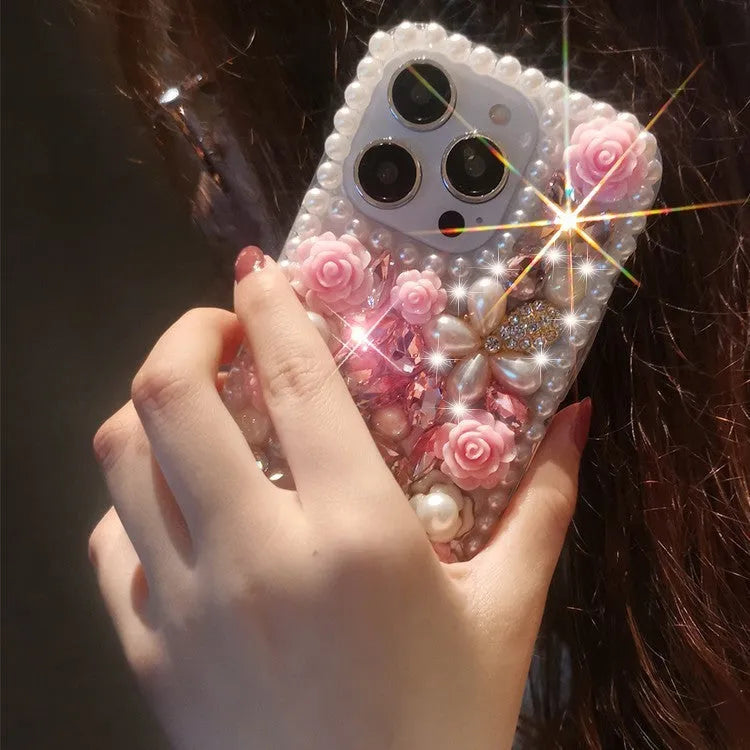 Flower Shiny Phone Case for iPhone with Crystal Bracelet TPU Anti-Wear Anti-Fingerprint Protective Cover in Pink or Purple Compatible with iPhone 11 to 16 Pro Max XR XS Max X