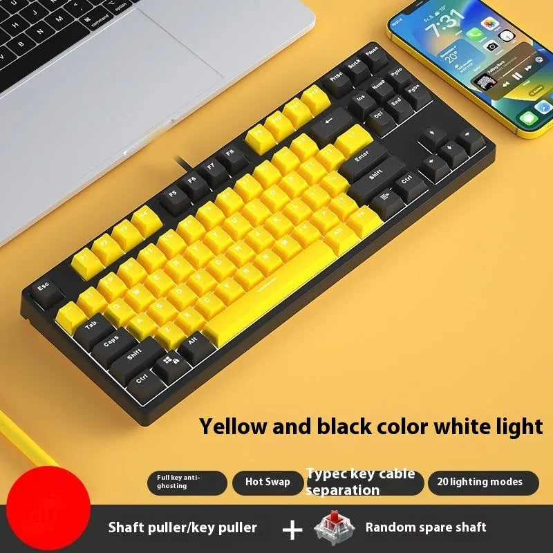 87-key mechanical keyboard with two-tone coloured keycaps on metal case