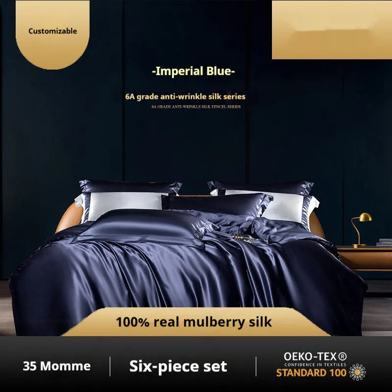 Household Fashion silk four-piece quilt cover set in solid colour showing 100% silk material texture and light luxury design