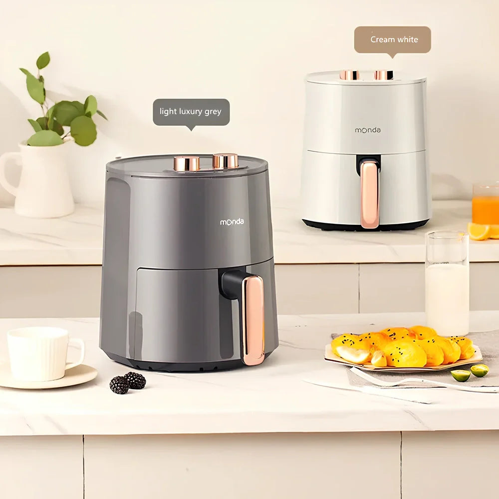 Automatic air fryer in light luxury gray with double knob controls and 4.5L cooking capacity