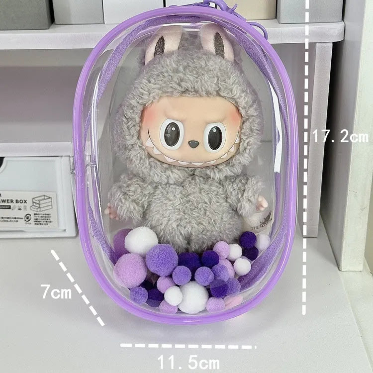 Transparent PVC cube storage bag in 17cm size with avocado green colourful ball keychain attachment
