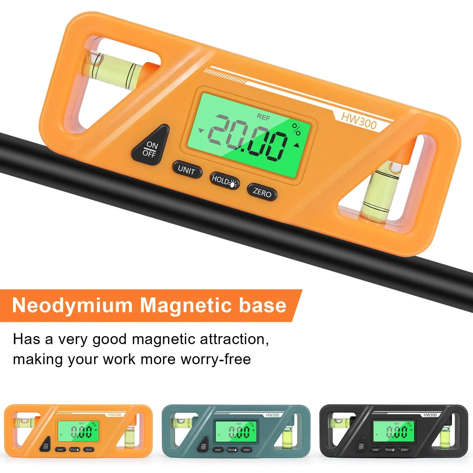 Digital magnetic inclinometer level gauge showing angle readout on its display.
