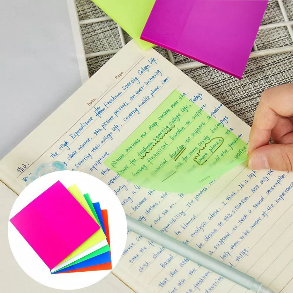 Transparent Post-it notes in various colors and sizes for organized note-taking