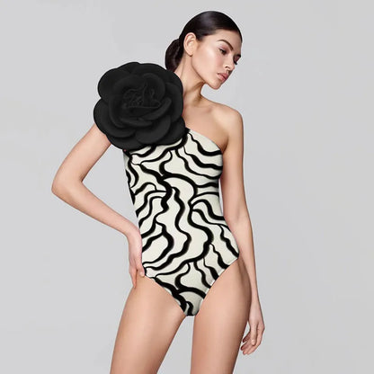 One-piece swimsuit with three-dimensional flower pattern in European and American fit.