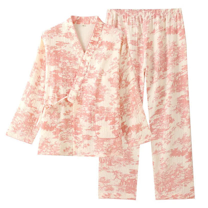 Women's pink pure cotton gauze long sleeve top and matching trousers lounge suit set.